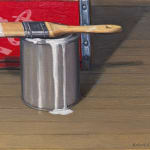 Still life painting of two painted apples on soda boxes