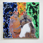 Painting fo Nigerian man and woman in front of abstracted painted backdrops