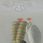 Detail of woman's hat and crane of Woman sitting with white crane on shoulder