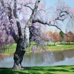 Oil painting of tree before water and farm on canvas