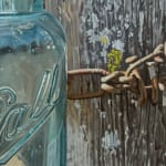 Painting of two glass jars on an old wood fence with a chain lock