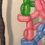 Painting of balloon dogs on top of each other stacking a tower of oreos