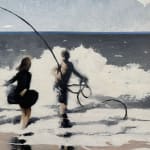Painting of children playing in the ocean with a jump rope