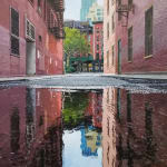 painting of puddle in the street of a Tribeca alleyway