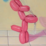 Standing pink balloon dog holds a string connected to 6 other colored balloon dogs floating like regular balloons behind the one.