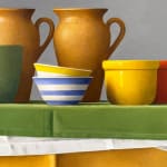 Still life painting with vessels and oranges