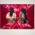 Painting of two women seen from the back over a red abstracted background