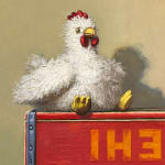 Still life painting of a toy chicken and an egg