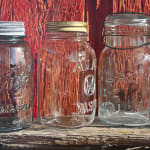 Painting of glass mason jars on a wood table in front of a red wall