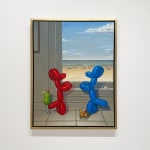 Painting of two colorful balloon dogs posed in front of window overlooking a beach scene