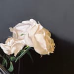 Still life painting of a vase with roses and a gun in it