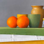 Still life painting with vessels and oranges