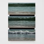 Three panel hyperreal oil painting of waves on panel