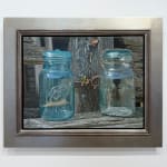 Painting of two glass jars on an old wood fence with a chain lock