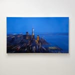 Impressionistic oil painting of city from distant aerial perspective on canvas, view the World trade Center, Downtown Manhattan, the Hudson River and Verrazano Bridge at dusk, Hudson Yards and Chelsea Piers are viewable on the right