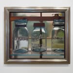 Painting of three glass ball jars sitting on a glass shelf in front of a window