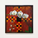 Painting of white orchids in front of an antique style gameboard