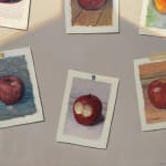 Painting of apple snapshots with a "real" apple hanging from a string and a shadow obstructing the view