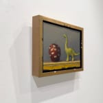 Painting of a dinosaur with a bit apple beside it, all surrounded by a bitten frame