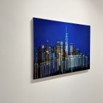 Painting of abstracted city skyline with dark blue night sky