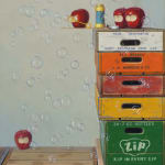 Soda crates stacked on top of each other with apples blowing bubbles atop