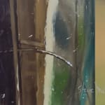 Painting of oversize glass bottle in front of a glass window pane