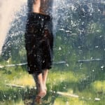 Oil painting of kids playing in sprinkler on panel