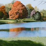Oil painting of pond in fall on linen