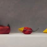 Painting of a red devil rubber duck and two habanero peppers with a paper yellow beak