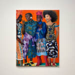 4 Women in colorful fabric clothing over an orange background