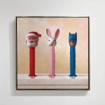 Three PEZ dispensers in a row facing out of the painting. From left to right it is Santa Claus, a white bunny with big ears, and batman.