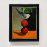 Painting of a still life with a bird on three red balls