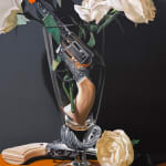 Still life painting of a vase with roses and a gun in it