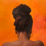 Painting of a woman with brown skin and hair in a bun sitting in a blue skirt with orange background