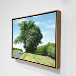 Oil painting of large tree along road on canvas