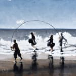 Painting of children playing in the ocean with a jump rope