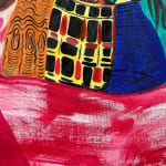 Painting of two women seen from the back over a red abstracted background