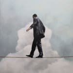 Man in business suit walking on a tightwire