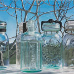 Oil painting of glass bottles before winter tree and sky