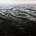 Dark water recedes into a distant white fog at the top 1/10 of the painting. The water is black and its highlights are white.