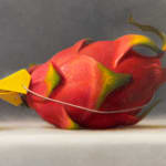 Painting of a rubber duck and a dragon fruit with a paper beak