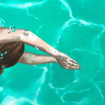Woman in black bikini swimming in a pool