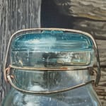 Painting of two glass jars on an old wood fence with a chain lock