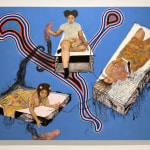 Painting of three women in various activities on a blue background