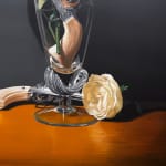 Still life painting of a vase with roses and a gun in it
