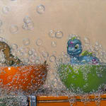 Painting of toy dinosaurs bathing and playing with bubbles atop stacked soda crates