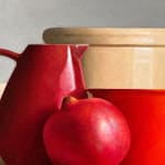 Still lIfe painting with white and red vessels and a pomegranate