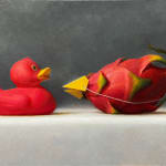 Painting of a rubber duck and a dragon fruit with a paper beak