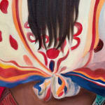 Painting of two women seen from the back over a red abstracted background