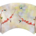 Mixed media work with Aged Silver Leaf with Pigment Print, Acrylic Paint, Watercolors and Resin on Fan-Shaped Panel